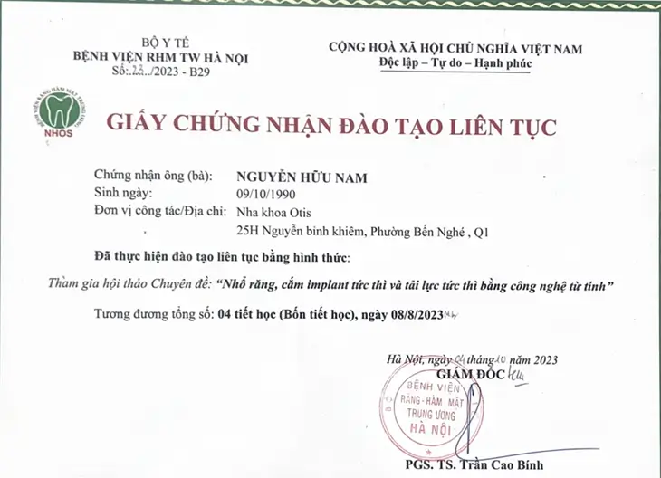 Bác sĩ Nguyễn Hữu Nam đã hoàn thành xuất sắc chương trình "Nhổ răng, cắm Implant tức thì và Tải lực tức thì bằng công nghệ từ tính" Nhổ Răng, Cắm Implant Tức Thì Và Tải Lực Tức Thì Bằng Công Nghệ Từ Tính
